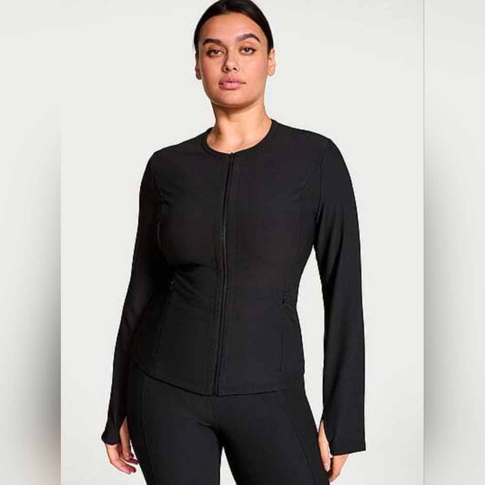 Victorias Secret VSX Black Lux Rib Full Zip Jacket Cartigan Zipper Pockets Black